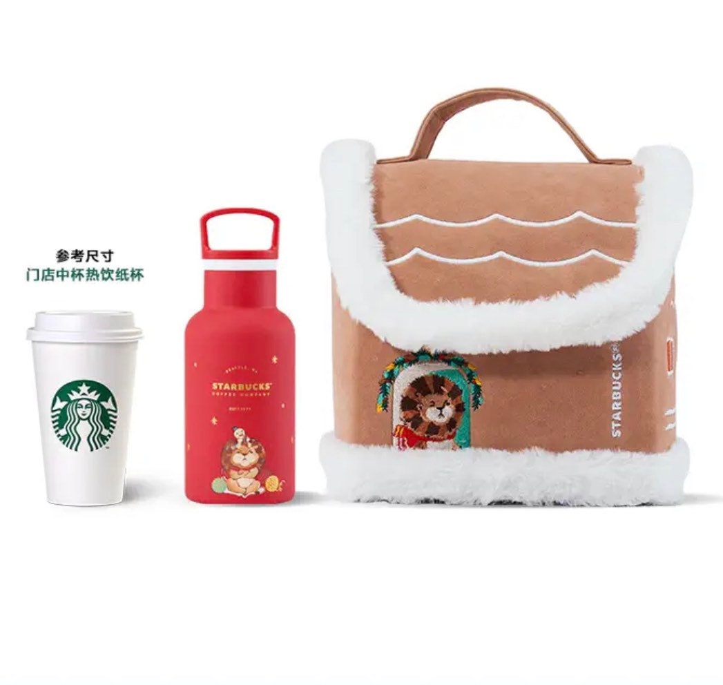 Starbucks China 355ml 2021 Christmas red lion vacuum cup with snowhouse bag